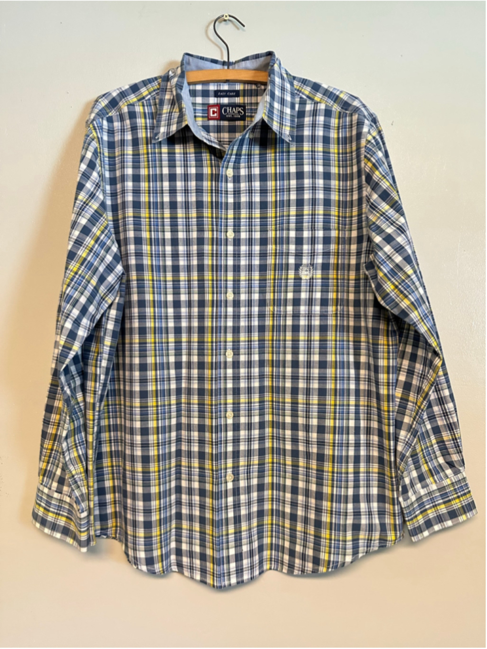 Chaps Casual Button Down Shirt Large Blue Yellow Plaid Long Sleeve